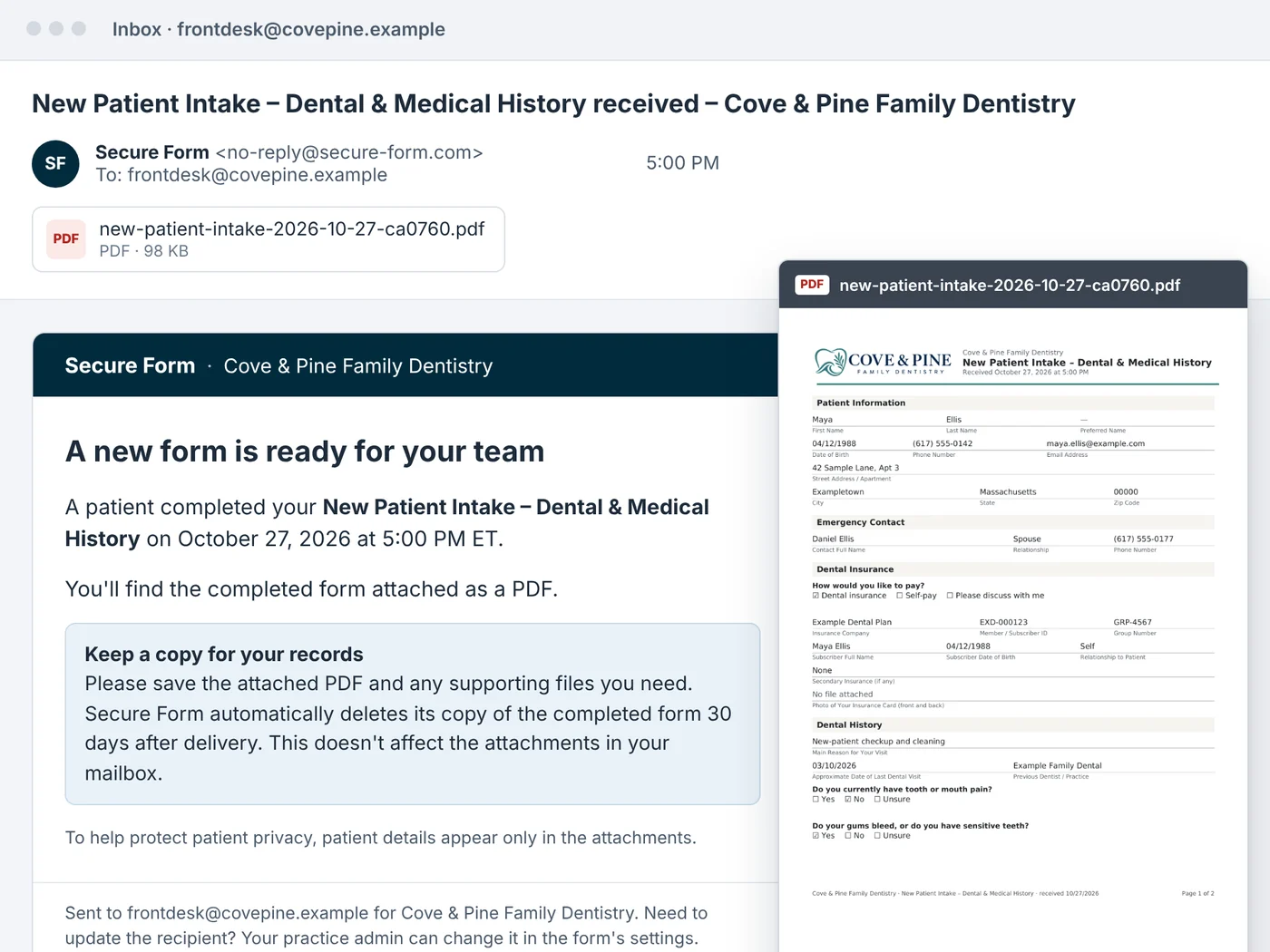 A Direct Delivery email, "A new form is ready for your team", with the completed New Patient Intake attached as a PDF; on wider screens the PDF is shown open beside it with a fictional patient's details.