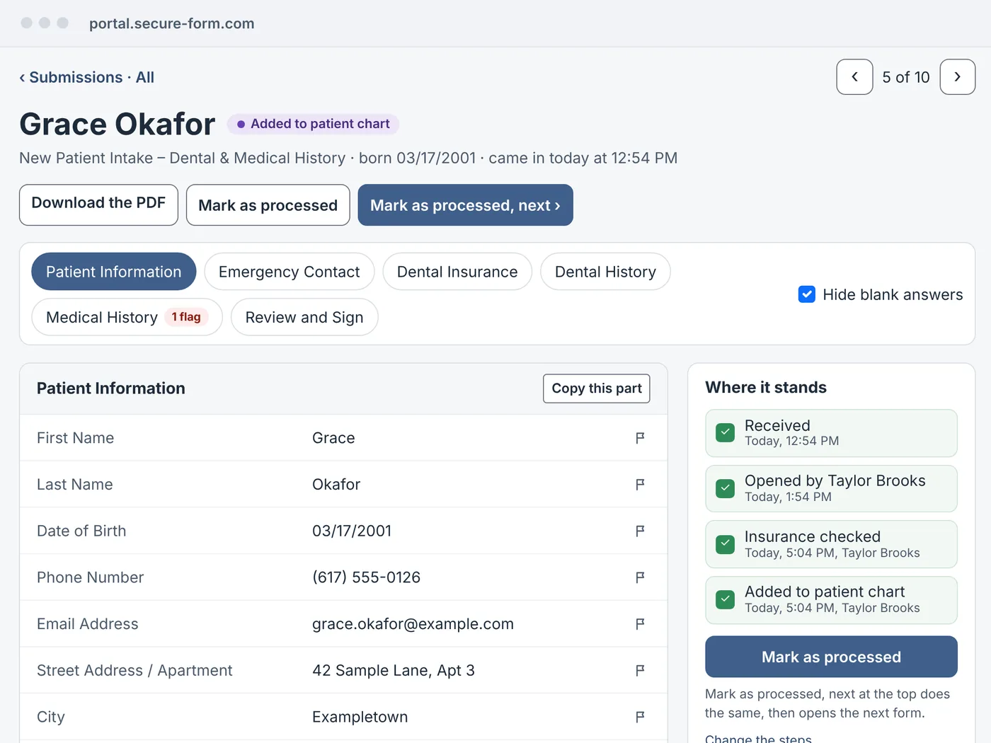 A completed form open in the Workflow Portal: the fictional patient's answers section by section, a flag on Medical History, and the Where it stands card with each step ticked off.