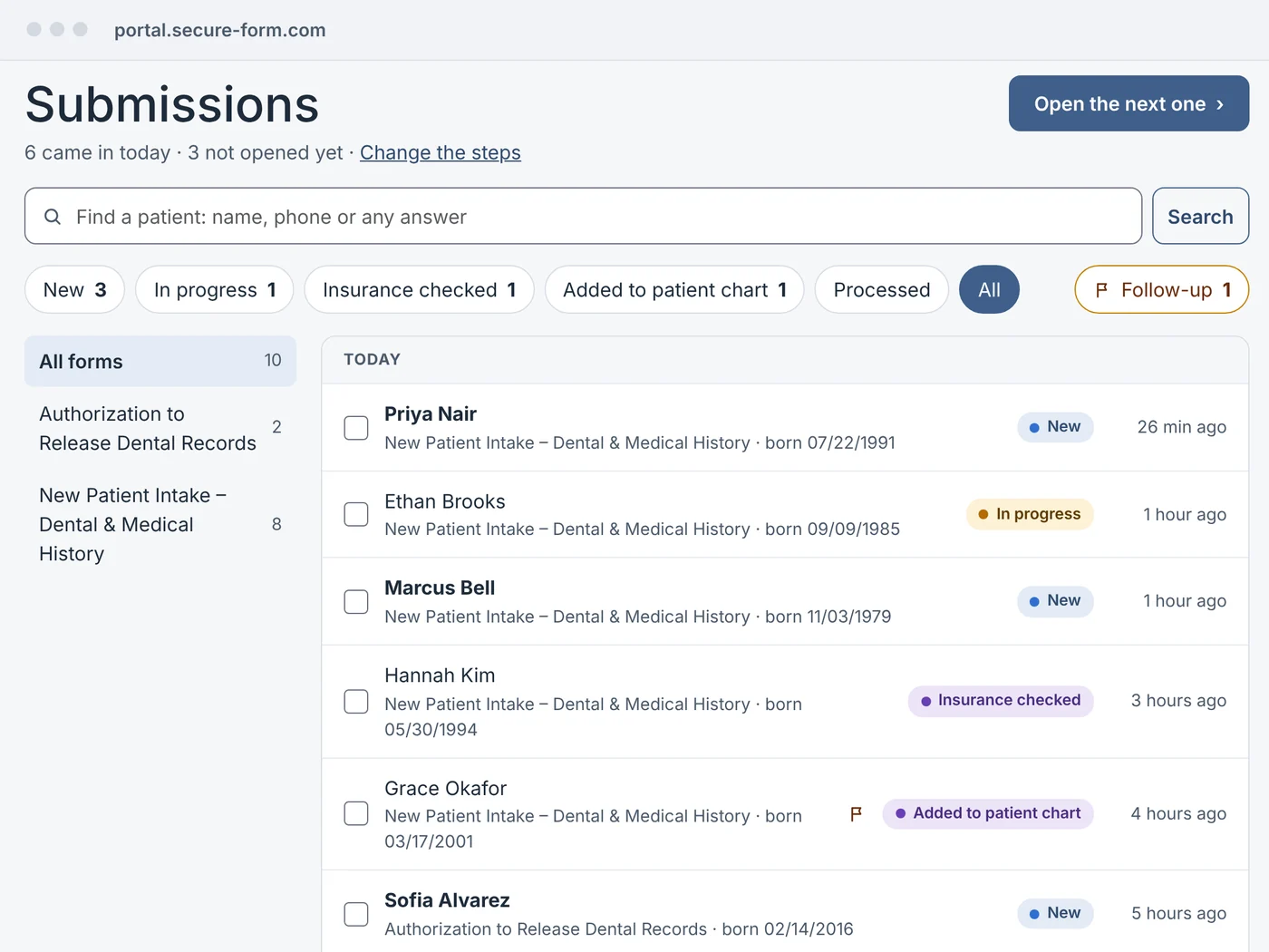 The Workflow Portal Submissions screen: a search box, a tab for each step from New to Processed, and the day's forms from fictional patients, each with its status.